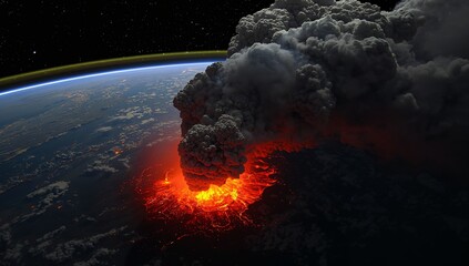 Showing volcanic crater erupting glowing lava fountain from low Earth orbit, with ash plume