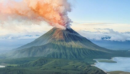 Erupting stratovolcano sending orange ash plume above forested foothills, crescent lake visible