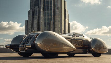 Sitting art deco concept car on rooftop alongside guardrail, glass facade, featuring gold trim