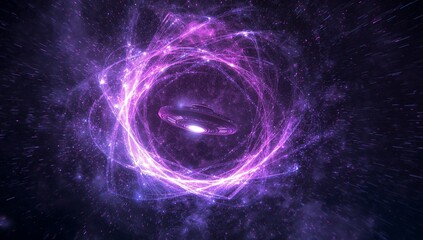 Hovering disc-shaped spacecraft in deep space, with glowing purple vortex swirling light trails