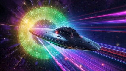 Flying disc-shaped spacecraft entering energy portal ring in outer space, with multicolored beams