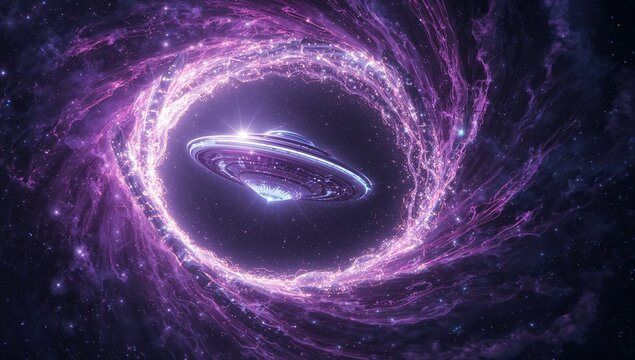 Hovering metallic UFO gliding in deep space, with swirling purple vortex and cosmic particles