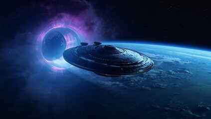 Hovering disc-shaped spacecraft pointing toward glowing purple energy portal above clouded planet