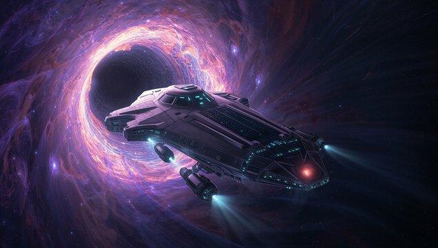 Emerging spacecraft navigating wormhole portal in space, with glowing thrusters and swirling gases - Powered by Adobe