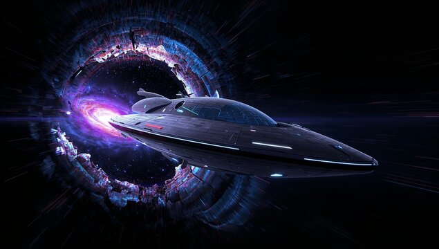 Emerging disc-shaped starship racing through space near glowing wormhole, with purple galaxy core - Powered by Adobe