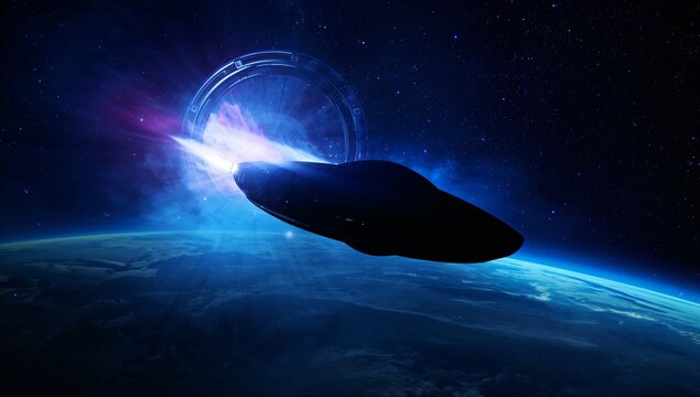 Gliding dark spacecraft silhouette approaching circular portal in orbit around Earth, with stars - Powered by Adobe
