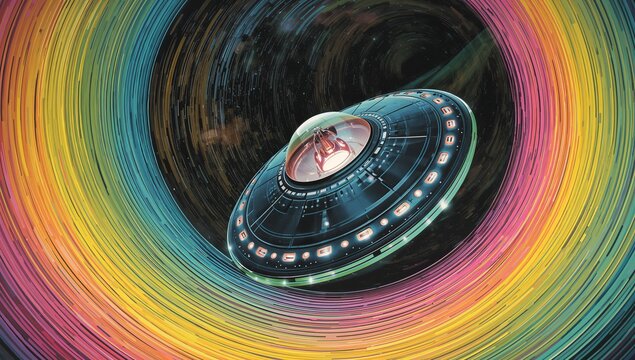 Hovering saucer exposing central dome in swirling rainbow vortex rings in deep outer space - Powered by Adobe