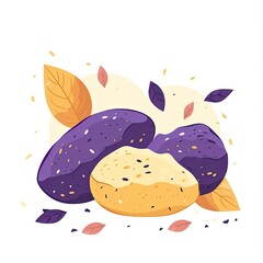 Purple and golden baked goods, autumn leaves, white background, food illustration, recipe website