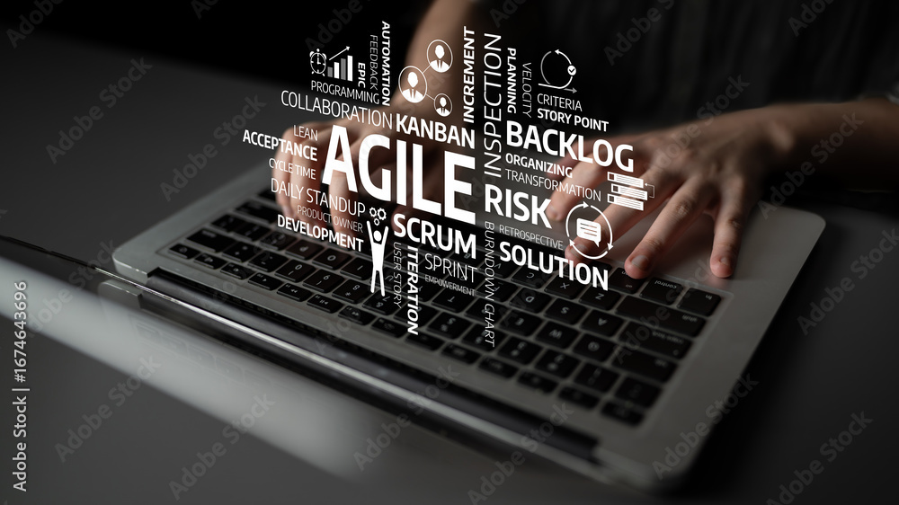 Poster this image features a laptop with hands typing and various agile project management terms floating a