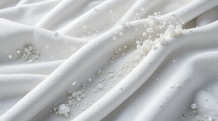Close-up of white cloth with dirt particles flying off it. Creative concept for advertising bleach and detergent for clothes. 3d render illustration style.
