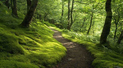 Obraz premium Serene forest pathway surrounded by vibrant greenery and lush moss