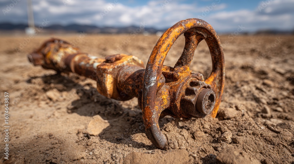 Aufkleber medium shot of a used pivot irrigation arm segment resting on dirt highlighting rust details and blu