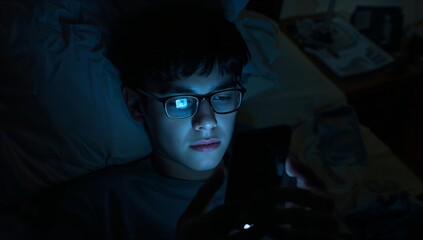Lying teenage boy wearing eyeglasses, holding smartphone in bedroom at night, with nightstand lamp