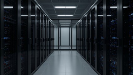 Fototapeta premium Illuminating LED panel lights casting even light across data center corridor, with server racks
