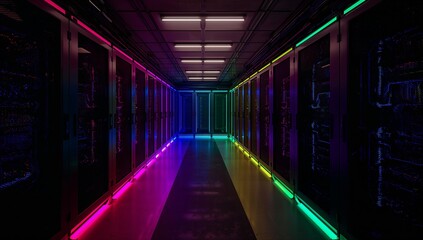 Fototapeta premium Drawing eye along server-racked data center corridor, bathing in neon LED strips and panel lights