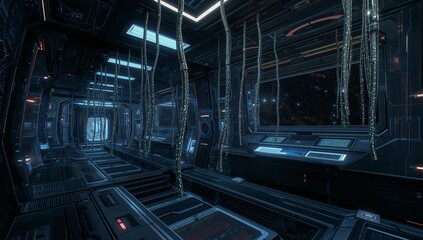 Glowing spaceship corridor, featuring pulsating data cables and digital control consoles