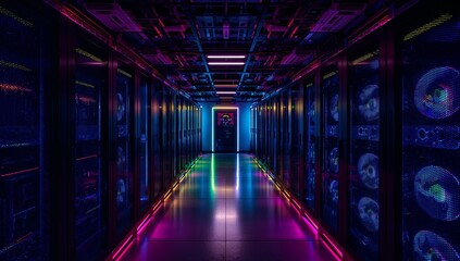 Glowing central walkway corridor running through data center, with server racks and neon LED strips