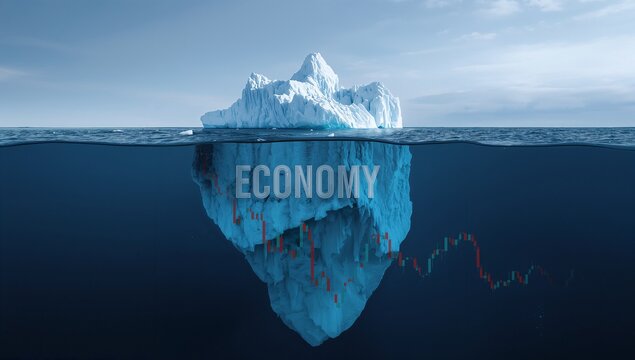 Floating iceberg labeled ECONOMY showing candlestick graphics beneath polar ocean surface, finance - Powered by Adobe