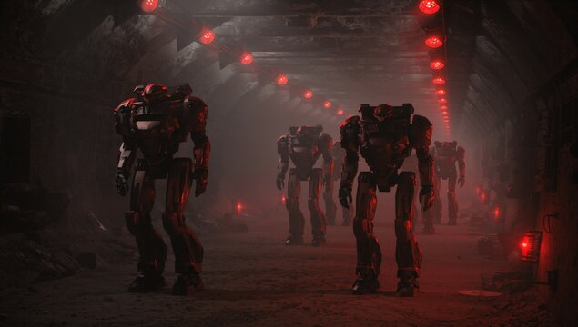 Marching humanoid combat robot advancing in underground tunnel with red lantern lights, copy space - Powered by Adobe