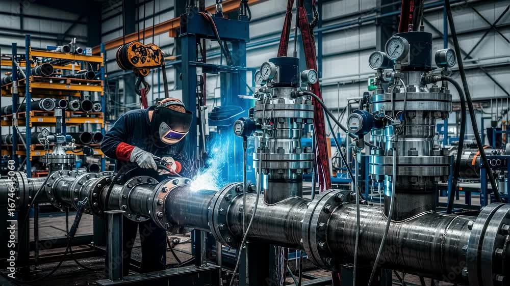 Poster detailed view of modular manifold piping systems for carbon sequestration injection being welded and