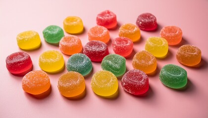colorful gummy candies scattered beautifully on a soft pink surface creating a playful and vibrant display that evokes fun and sweetness in any setting