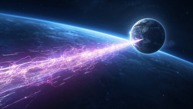 Emanating violet beam traveling from large blue planet across space, striking smaller dark planet - Powered by Adobe