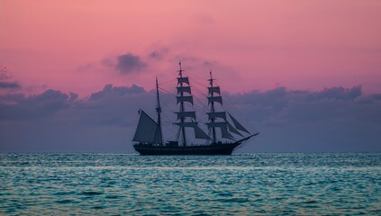 Gliding three-masted ship with square sails across calm sea at dusk, with pastel lavender sky