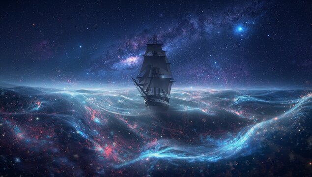 Gliding tall three-masted sailing ship on cosmic ocean, with glowing nebula waves and star clusters