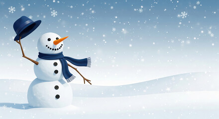Snowman tipping its blue hat in snowy landscape.