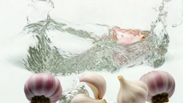 Super slow motion heads of fresh garlic fall under the water on a white background. Filmed on a high-speed camera at 1000 fps. High quality FullHD footage