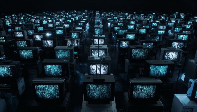 Glowing CRT monitor cluster showing blue static patterns in dim warehouse space, with cables grid - Powered by Adobe