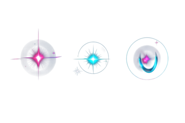 Three distinct glowing light flares with vibrant pink cyan and blue hues isolated on transparent background