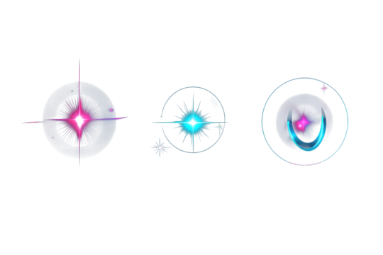 Three distinct glowing light flares with vibrant pink cyan and blue hues isolated on transparent background