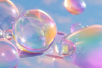 Iridescent bubbles float on pastel surface, sky background; design element