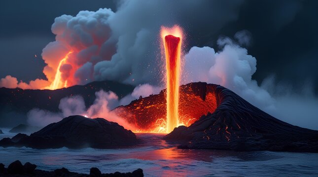 Dramatic volcanic eruption with molten lava fountain spewing upward