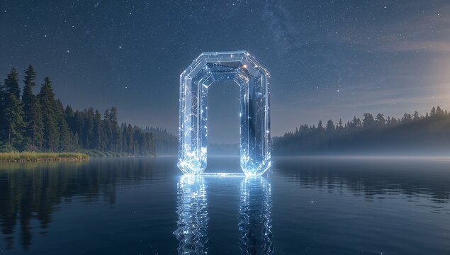 Standing translucent archway glowing with light nodes on calm forest lake at night, mist hovering - Powered by Adobe