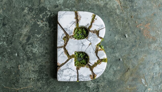 Featuring marble letter B resting on concrete floor, with moss-filled cracks and sprouting plants - Powered by Adobe