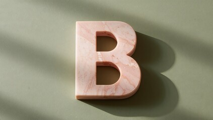 Resting 3D marble letter B casting shadows on smooth sage green surface, with veining