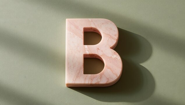 Resting 3D marble letter B casting shadows on smooth sage green surface, with veining - Powered by Adobe