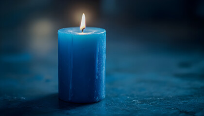 Single lit blue candle on blue surface creates serene calm peaceful mood. Monochromatic tones with soft light and shadow. Ideal for meditation