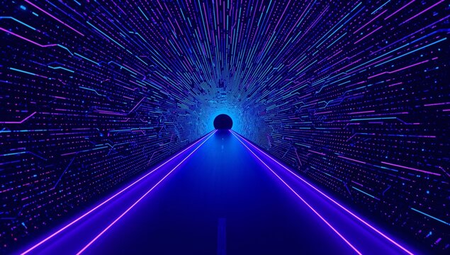 Illuminating scifi corridor with glowing pathway to circular entrance, neon strips on circuit walls