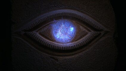 Glowing stone eye relief emitting soft light inside ancient chamber, with blue orb pulsing patterns