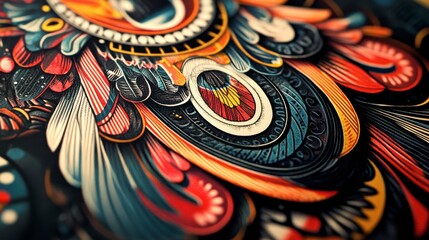 Intricate colorful ornate design with swirling patterns and vibrant hues.