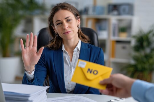 Serious woman in a professional office setting extends her hand with a firm gesture, clearly rejecting an illicit financial offer contained within a yellow envelope,