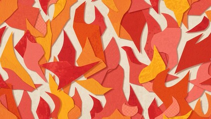 Displaying flame-shaped paper collage covering beige surface, with red orange yellow shades