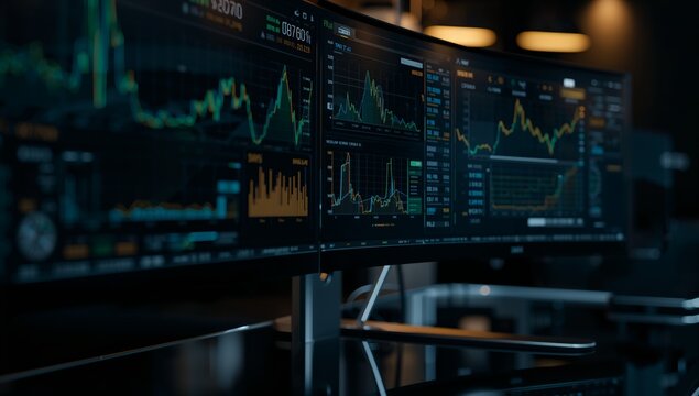 Presenting three curved monitors displaying charts in trading room with desk, monitor arms, cables - Powered by Adobe