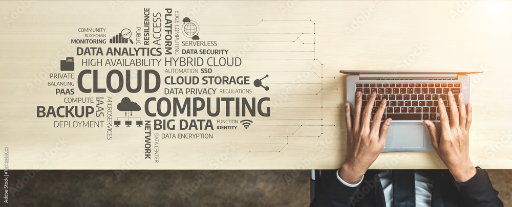 Poster a businessman works on a laptop in a modern office setting, surrounded by graphics representing clou