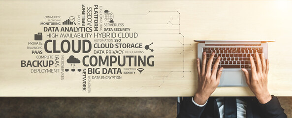 A businessman works on a laptop in a modern office setting, surrounded by graphics representing...
