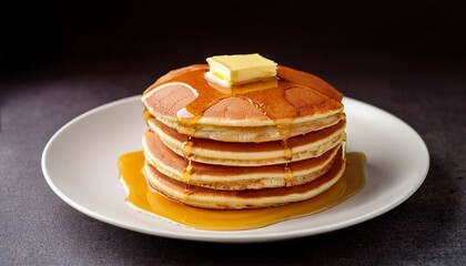 fluffy pancakes stacked with melting butter and drizzled maple syrup on white plate