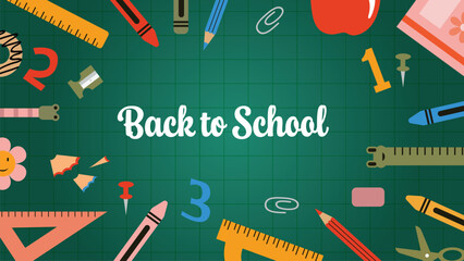 Back to school greeting text with crayon, scissors, book,pencil and chalkboard educational elements.Vector illustration